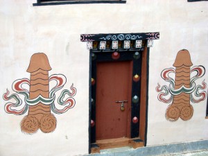 Buhutanese house with wall paintings of Drukpa Kunley's penis