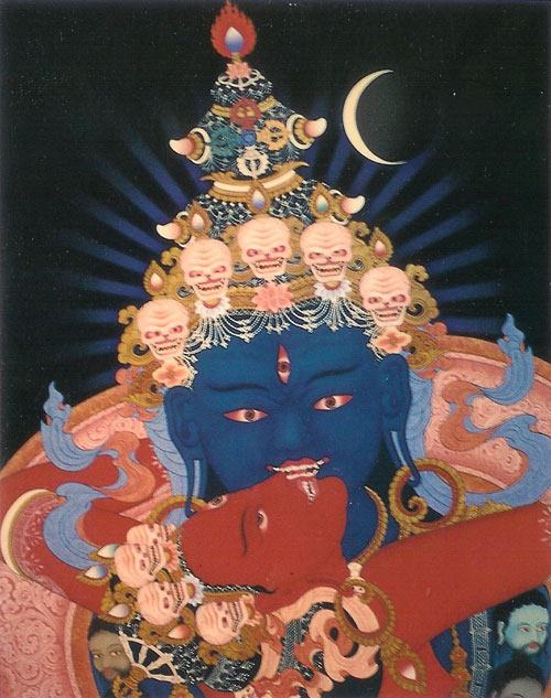 Face of Buddha of Highest Bliss (Skt Chakrasamvara; Tib. Khorlo Demchok), the main Yidam of the Kagyu Lineage (painting by Robert Beer)