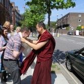 Greeting Dupsing Rinpoche outside the Beaufoy 19 May 2014