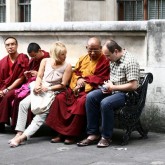 Lama Orgyen, Ani Tenzin, Caty, Sherab Gyaltsen Rinpoche and Slava outside the V&A