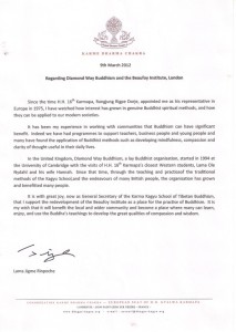 Letter from Lama Jigme Rinpoche, March 2012